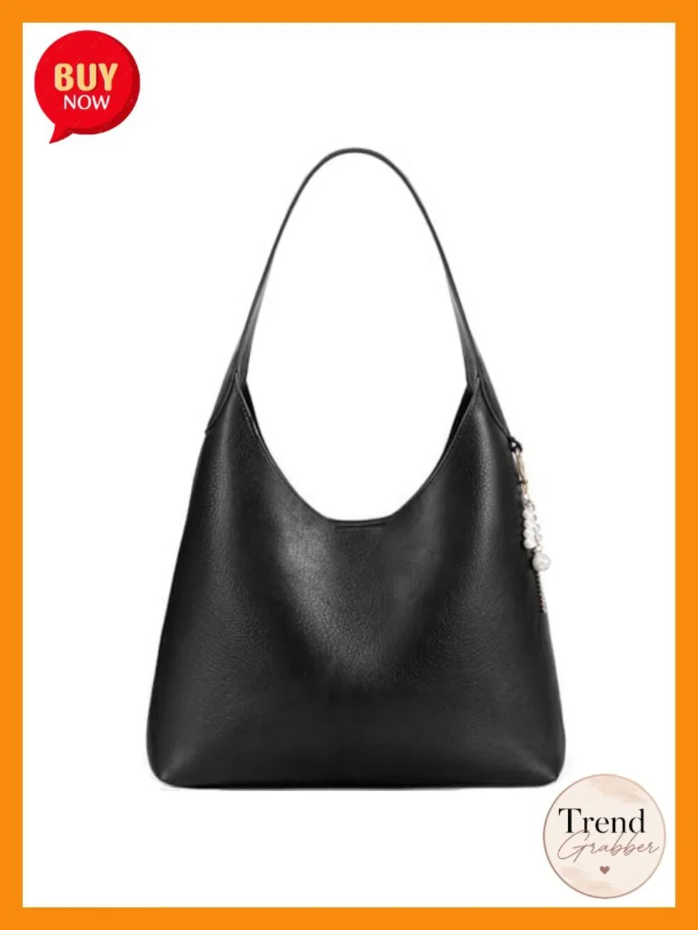 Grained Leather Slouchy Hobo Shoulder Bag with Magnetic Closure and Beaded Charm